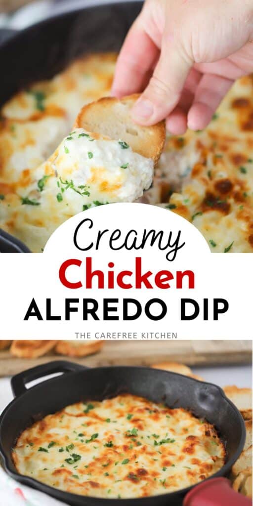Pinterest pin for our Cheesy Chicken Alfredo Dip recipe