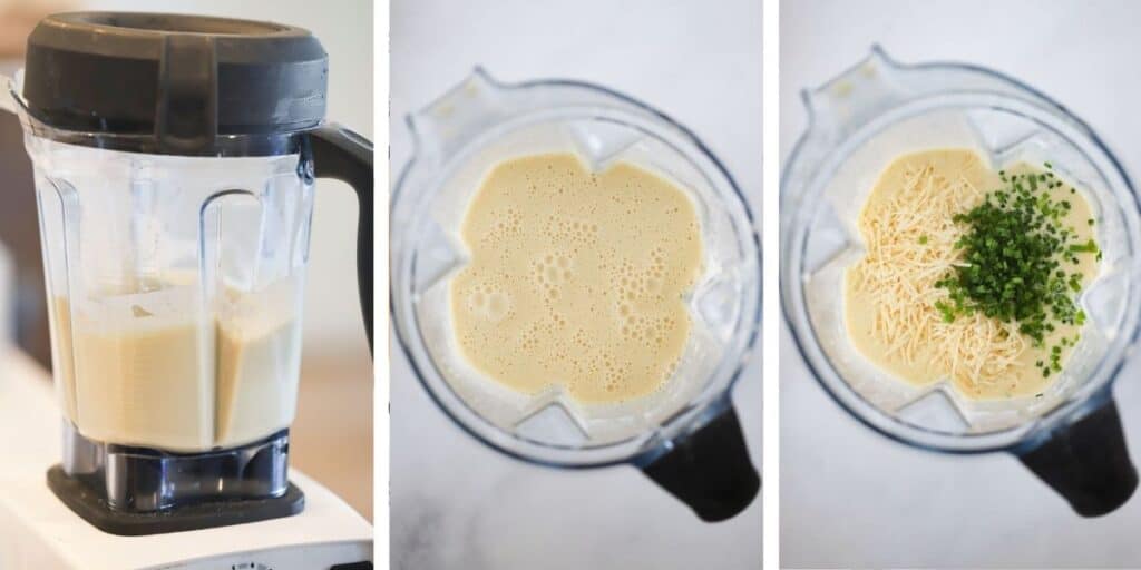Three photos showing how to make popovers batter.  First, there's a picture of a blender full of smooth batter.  Second, there's an overhead picture of the inside of the blender with batter.  Third, there's an overhead picture of the blended batter with cheese and chives on top ready to mix.