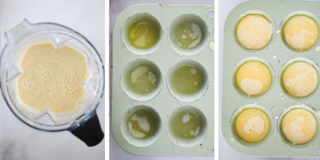 Three photos showing how to make this Popover recipe.  The first shows a blender from the top with batter in it.  The second shows a muffin pan with melted butter in the bottom of each cup.  The third shows muffin pans with batter filled almost to the top.