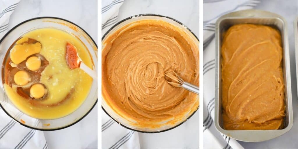 Three photos showing how to make this Pumpkin Bread recipe.  There is a glass mixing bowl mixing wet ingredients, another photo of the same bowl with the batter completely mixed and finally a picture of a loaf pan filled with batter.