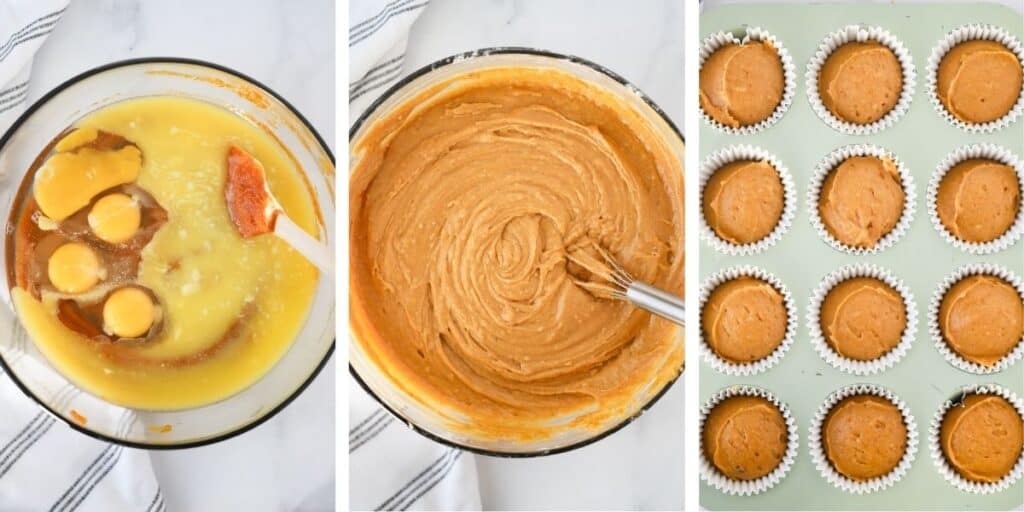Three photos showing how to make quick bread batter and fill into muffin tins.  The first photo shows unmixed ingredients in a large glass bowl.  The second shows the mixed batter.  The third shows a muffin tin lined with paper liners and filled with batter ready to bake.