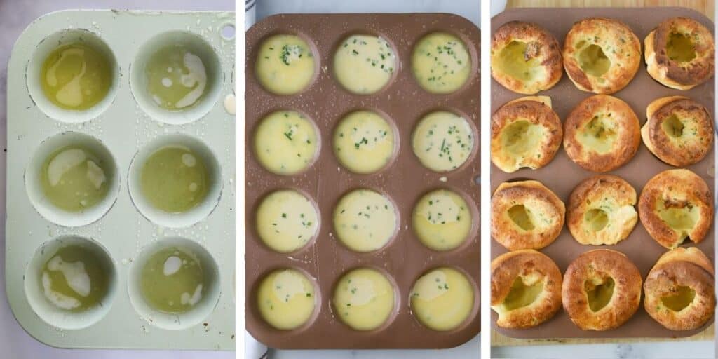 Three photos showing how to make chive popovers.  First, there is a muffin tin with melted butter in each cup.  Second, there is a muffin tin with batter added to each cup.  Third, there is a muffin tin with freshly baked popovers.