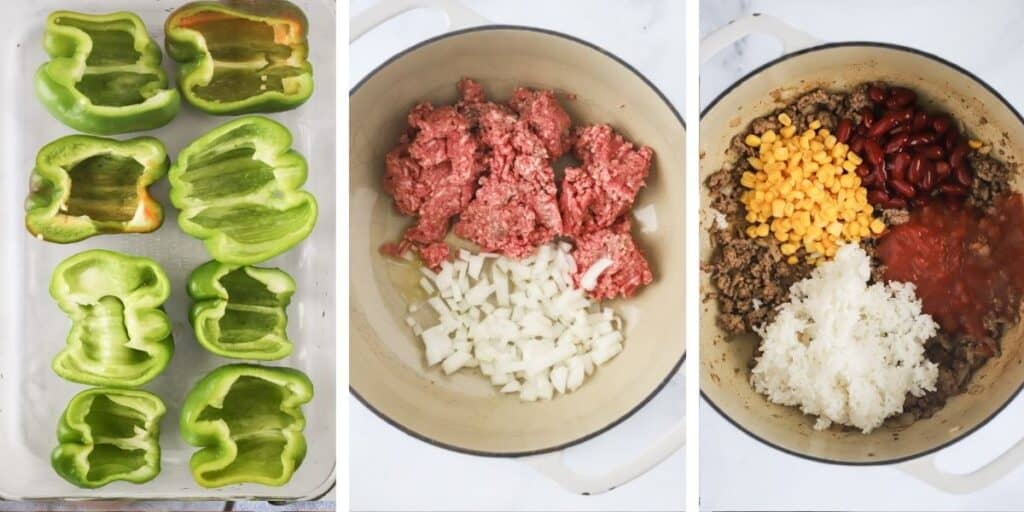 Three photos in a row showing how to cook stuffed peppers,  a baking dish full of halved bell peppers, a dutch oven with raw beef and onions and a dutch oven with cooked beef, corn, rice, salsa and beans ready to combine.