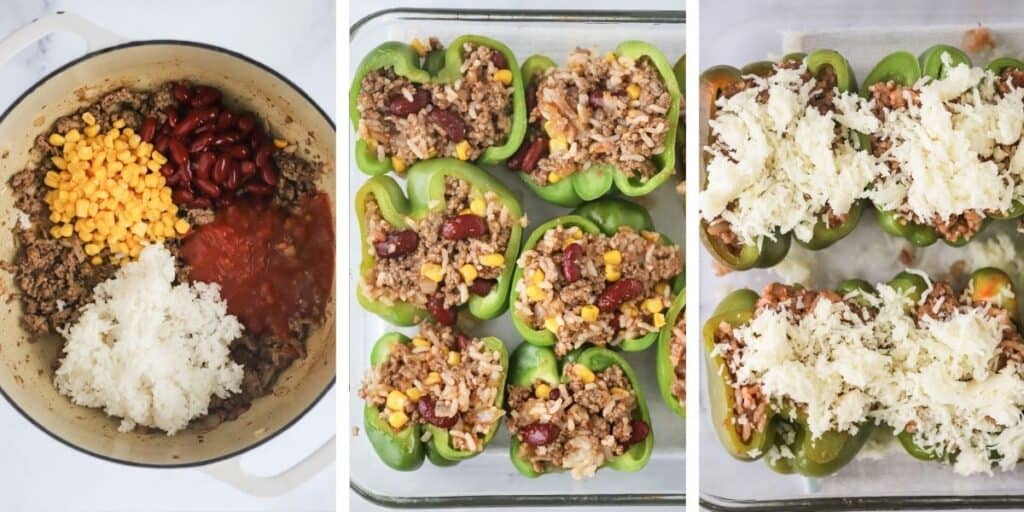 Three photos in a row showing a dutch oven full of cooked beef, rice, corn, beans and salsa, a baking dish with peppers stuffed with filling and a final picture of peppers topped with cheese.
