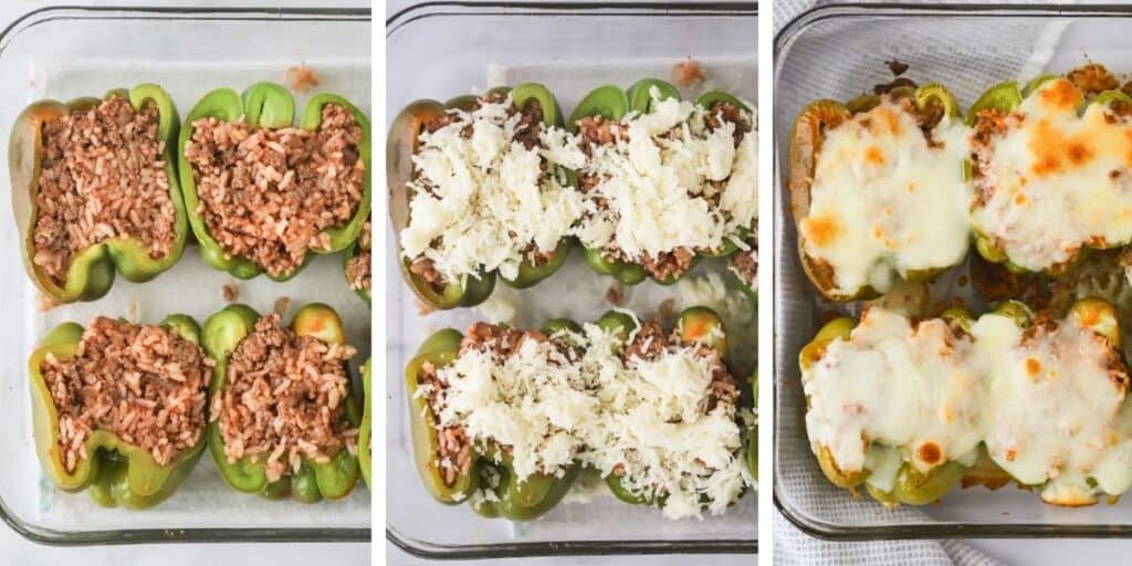 Three photos next to each other showing halved peppers stuffed with filling, then topped with cheese and finally baked until the cheese is golden brown.