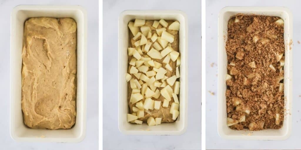 Three images showing how to layer the batter, apples, and apple cinnamon in a loaf pan to make this easy Apple Bread recipe.