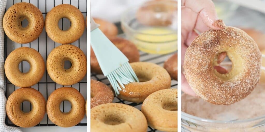 apple cider baked Donuts on a wire rack, donuts being brushed with melted butter and a donut dipped into cinnamon sugar. how to make apple cider donut recipe.