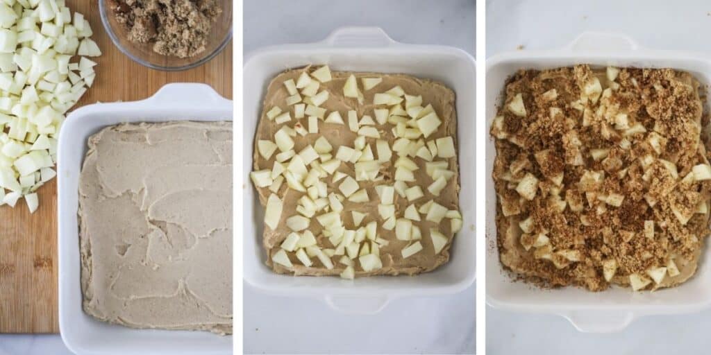 Three photos in a row illustrating how to make apple cinnamon coffee cake.  apple coffee cake recipes.