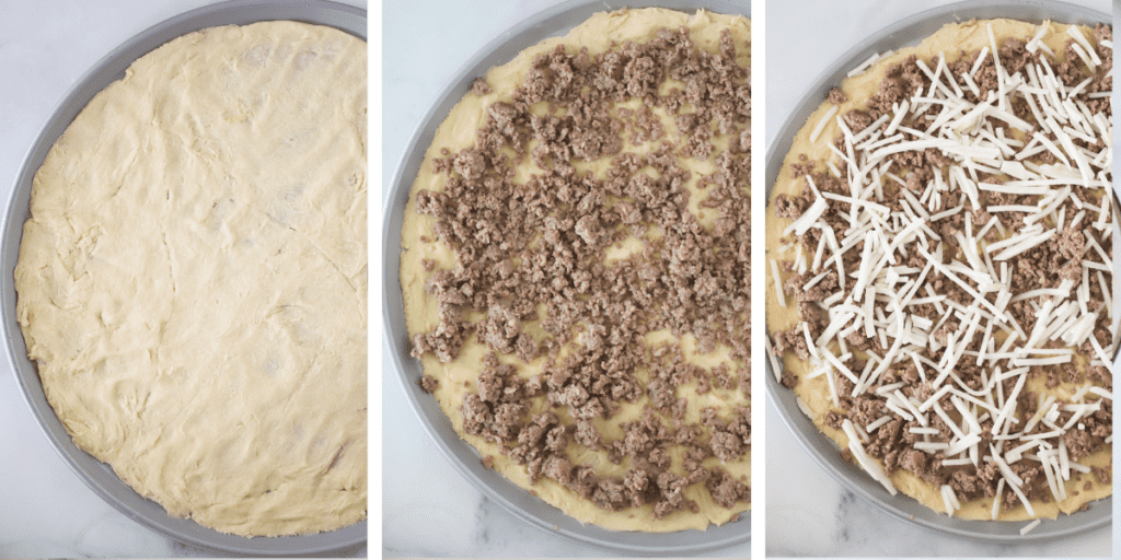 Side by side photos  of how to makeb breakfast pizza crust with sausage and frozen hashbrowns being added. crescent roll breakfast pizza. 