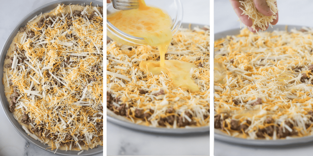 Side by side photos of how to make a breakfast pizza with an egg and cheese topping. breakfast pizza homemade. 