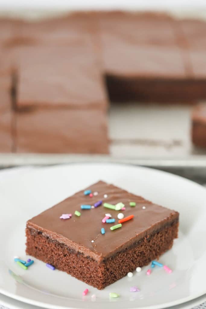 A slice of chocolate sheet cake topped with rainbow sprinkles on a white plate.