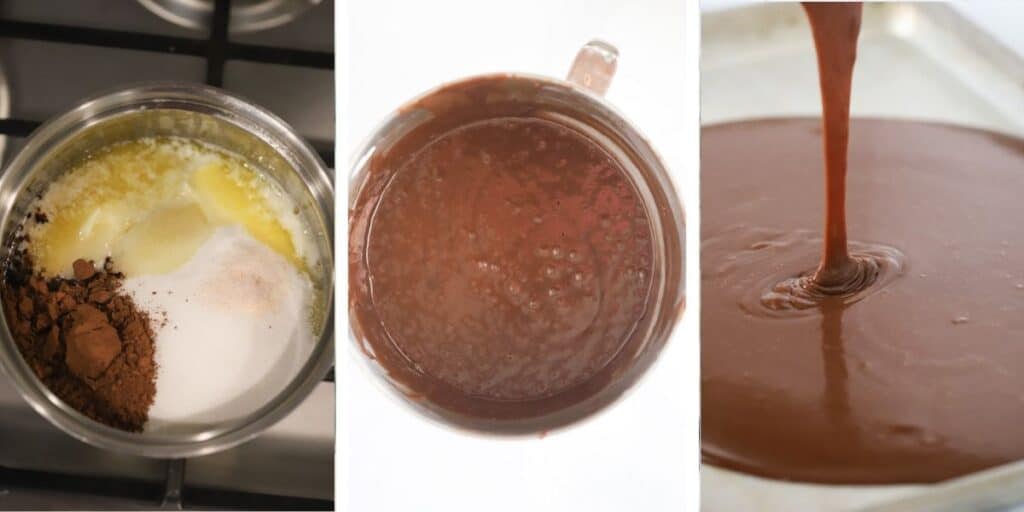 Three photos side by side showing how to boil the butter, sugar, and cocoa to make the cake batter. how to make texas chocolate sheet cake. recipe