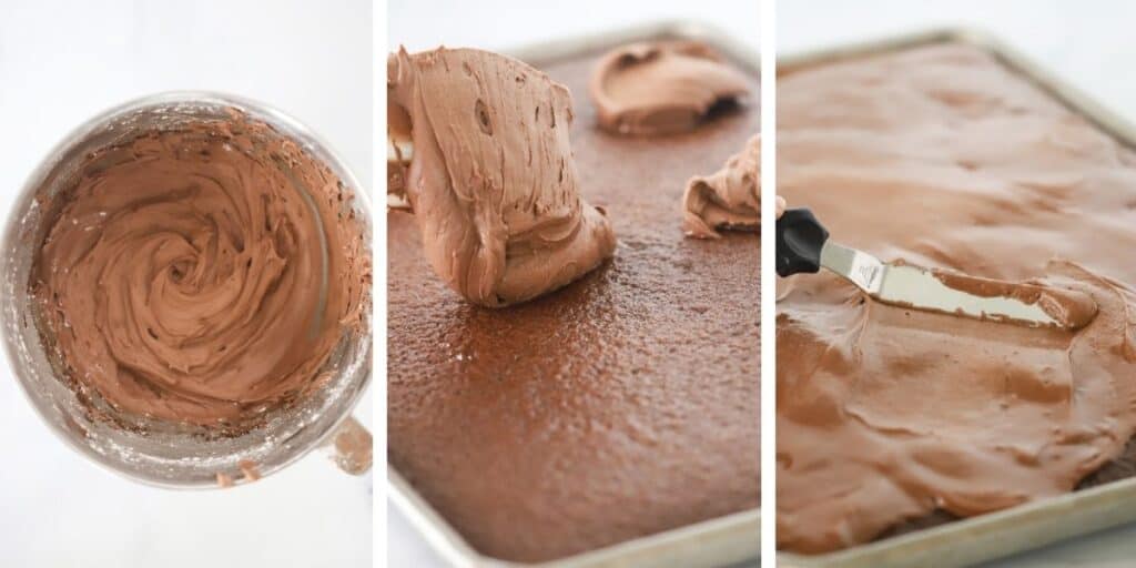 Three photos side by side showing a bowl full of chocolate frosting, the frosting being added over the top of the Texas Sheet Cake, and finally the frosting completely covering the cake. chocolate texas sheet cake recipe. 