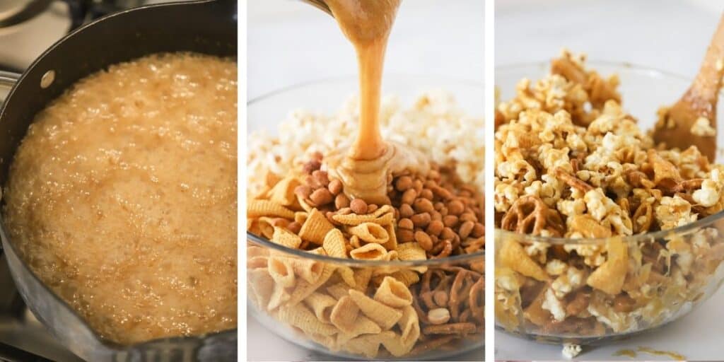 Side by side photos showing the process for cooking a syrup, pouring it over the snack mix in a bowl, and stirring the mixture.