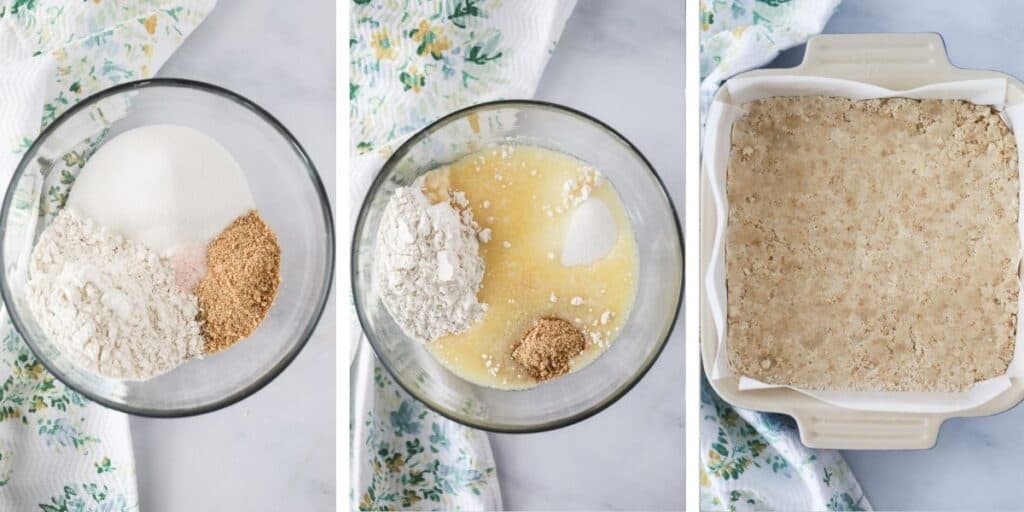 Three photos side by side showing the steps for making the graham cracker crust, including ingredients in a mixing bowl and the finished crust pressed into a baking dish.