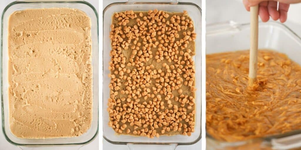 Three photos showing how to bake these Butterscotch Bars, including a photo of the batter in a baking pan, the patter topped with butterscotch chips and finally someone mixing in the partially melted chips.
