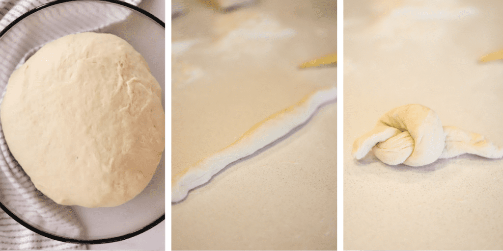 How to make garlic bread knots,  photos of a bowl of dough, a piece of dough shaped into a log, and a piece of dough tied into a knot.