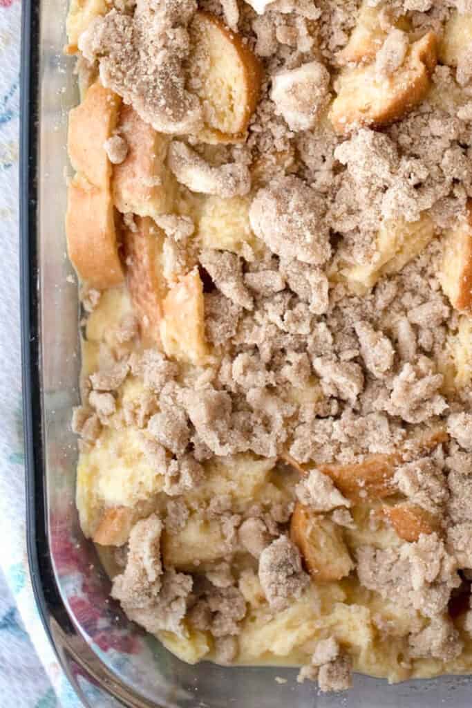 overnight baked french toast easy, overnight french toast bake easy, prepared ahead of time in a 9 by 13" baking dish.  