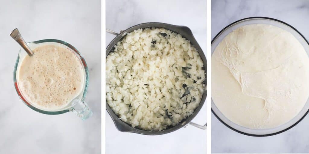 Side by side photos showing bubbling yeast, a bowl of mashed potatoes, and a glass bowl full of mixed dough.