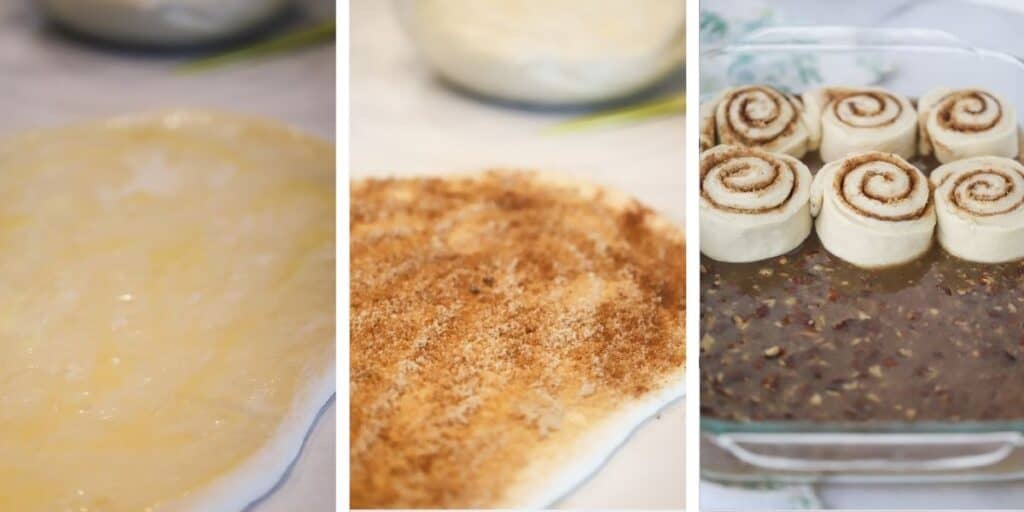 Side by side photos showing how to shape the pecan stick buns.