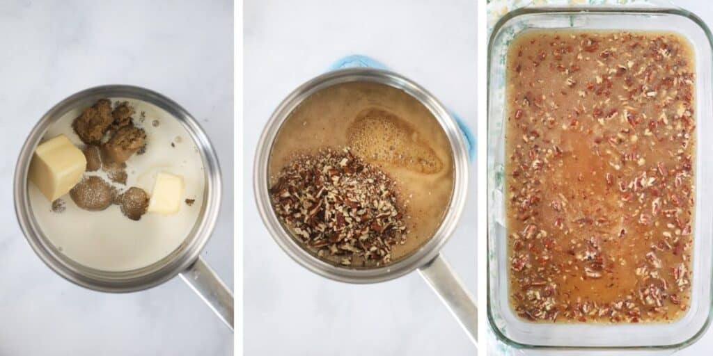 Side by side photos showing how to make the sticky pecan caramel mixture.