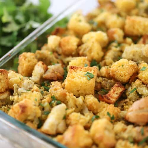 cornbread stuffing recipe in a glass baking dish, best cornbread stuffing recipe