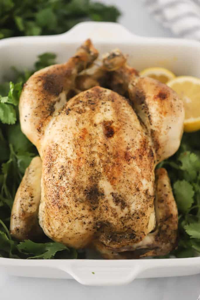 Lemon Pepper Rotisserie Chicken in a ceramic baking dish surrounded by fresh parsley and fresh lemons. sauce for rotisserie chicken, rotisserie chicken slow cooker. 