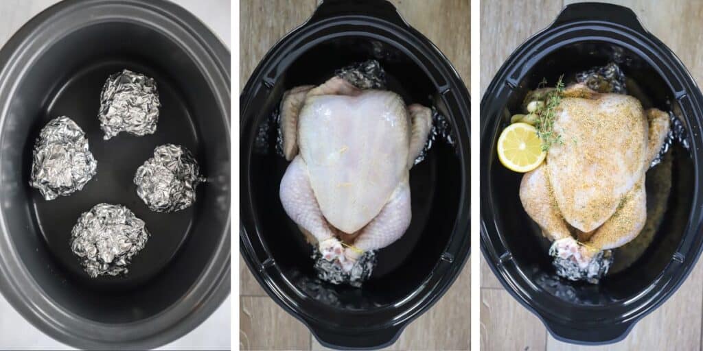 Side by side photos showing a crock pot with foil balls in the bottom, the whole chicken added on top, and the chicken with the spice rub and fresh lemon and garlic. rotisserie chicken lemon pepper; how to truss a chicken for rotisserie.
