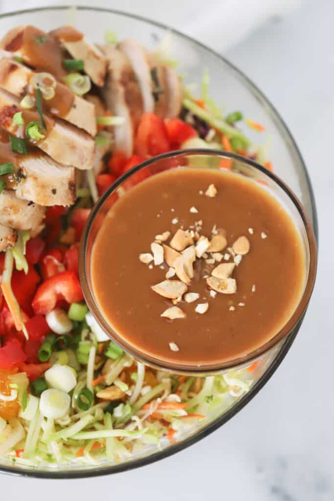 A bowl full of salad made with fresh veggies, sliced chicken breast, and a ramekin full of peanut sauce.