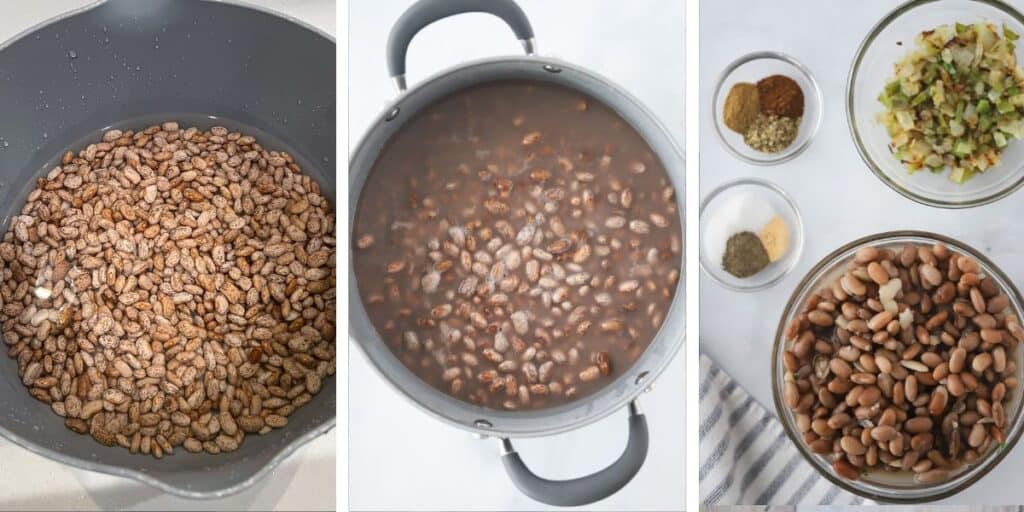 Side by side photos of a large pot full of dried beans, a pot with beans and water, and finally serving bowls with cooked pinto beans, onions, and spices.