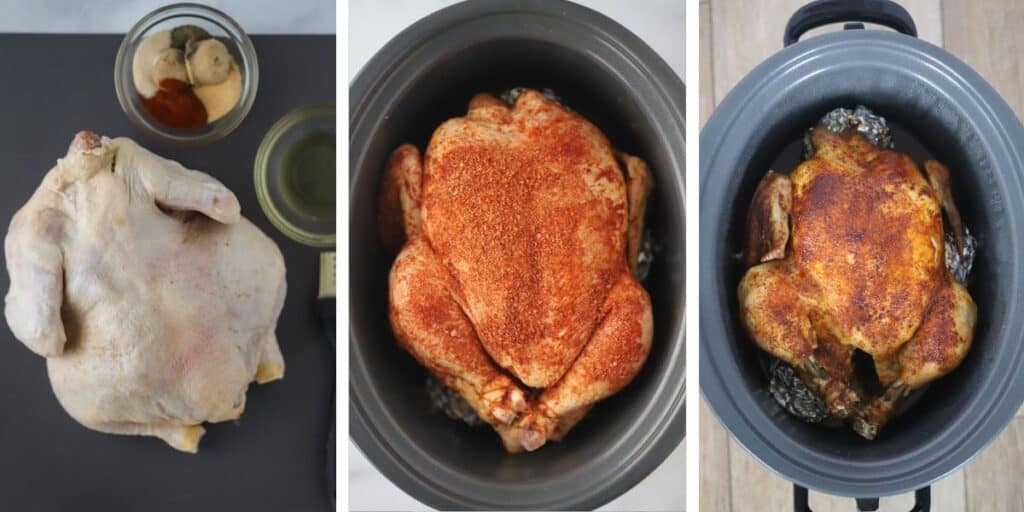 Side by side photos showing how to make slow cooker rotisserie chicken from a whole chicken. rotisserie chicken crockpot, crockpot rotisserie chicken recipe. 