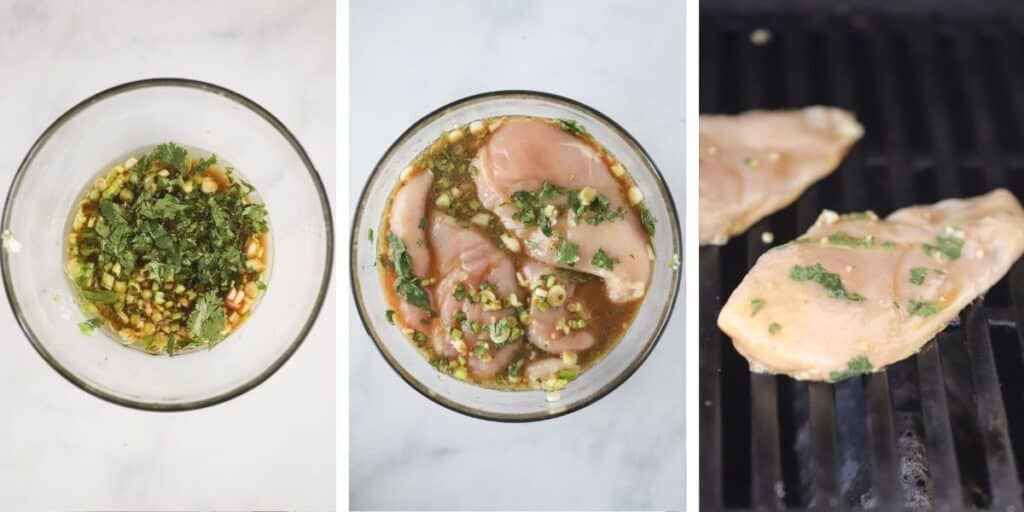 Side by side photos of a bowl full of thai marinade for chicken, the bowl with chicken breasts added, and a grill with chicken cooking. thai chicken, thai marinade chicken recipe. chicken marinades, chicken marinade recipes. 
