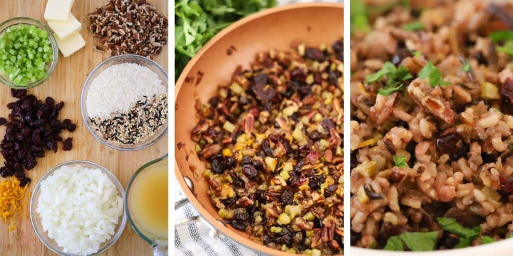 Side by side photos showing ingredients to make this wild rice recipe, a saute pan with toasted nuts, and the finished rice dish in a bowl.