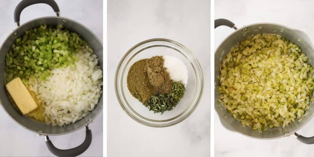 Side by side photos showing a pot with onions, celery, and butter, a small bowl full of herbs and spices, and a pot with the cooked onions and celery.