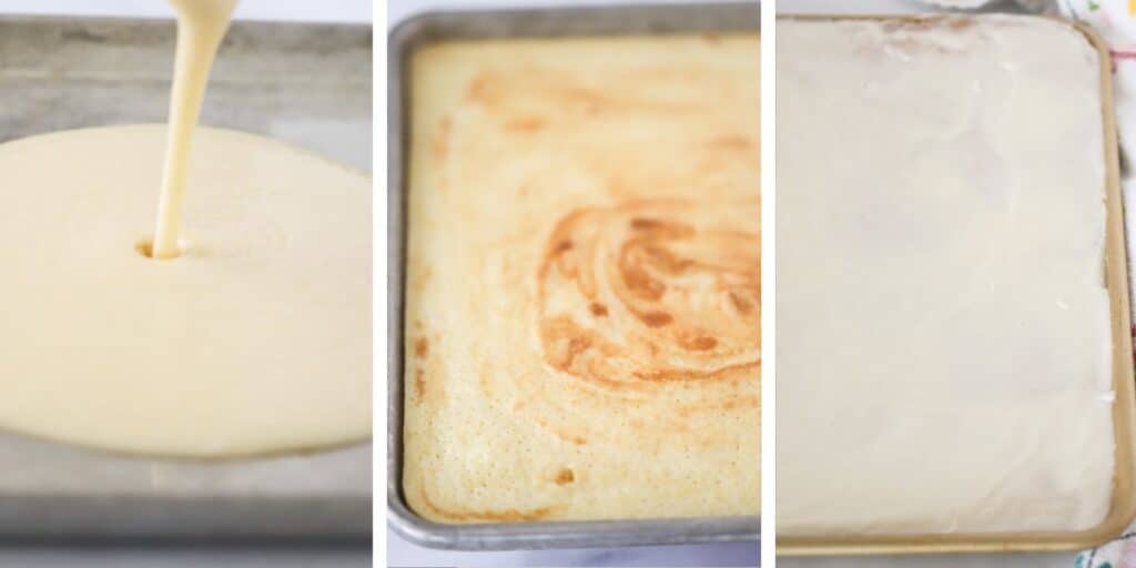 Side by side photos showing cake batter being poured into a sheet tray, a baked sheet cake, and frosting covering a sheet cake. Best white sheet cake recipe.