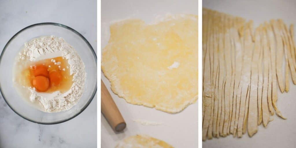 Side by side photos showing a bowl of flour and eggs, rolled out dough, and cut noodles on a counter top.