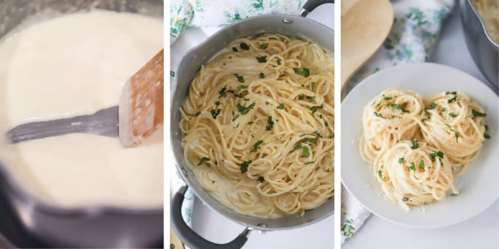 Side by side photos of a pot full of cream sauce, a pot with spaghetti covered in sauce, and a serving plate with spaghetti and cream sauce topped with fresh parsley.