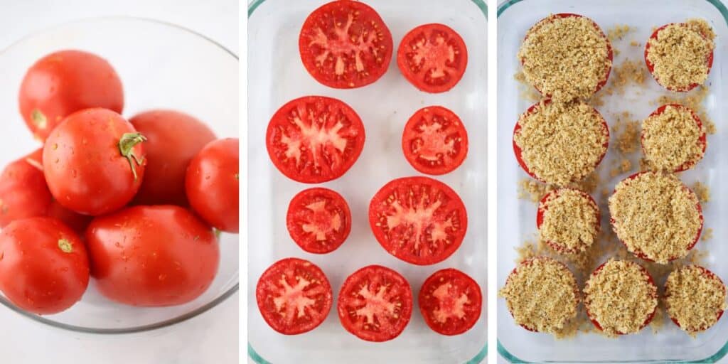Side by side photos showing a large bowl of tomatoes, halved tomatoes in a baking dish, and tomato halves topped with Panko and Parmesan crust.