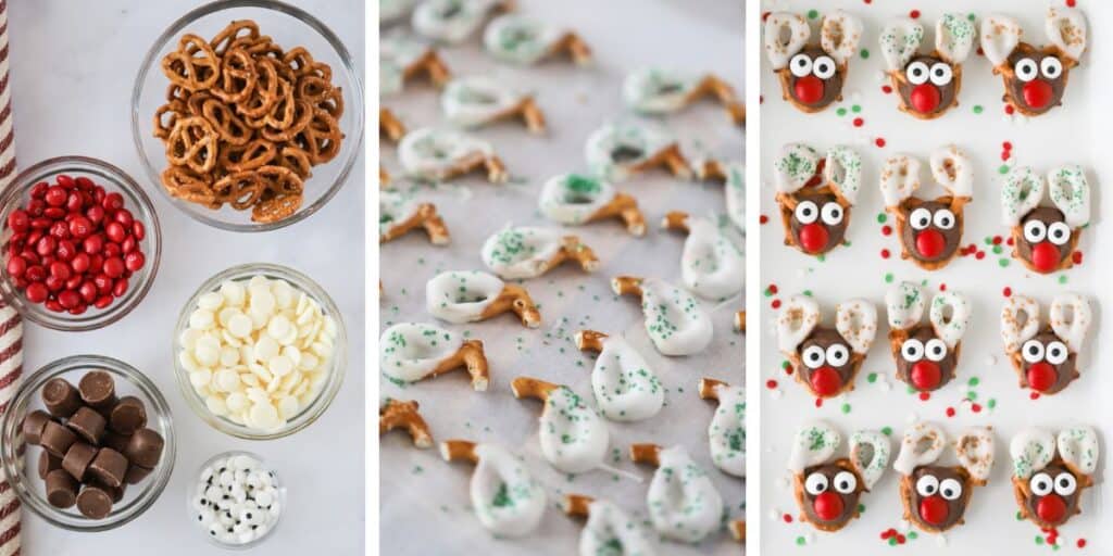 Side by side photos showing the steps for organizing ingredients and dipping the pretzels to make pretzel reindeer treats. 
