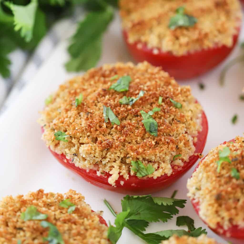 Tomato halves baked and topped with a panko Parmesan crust.