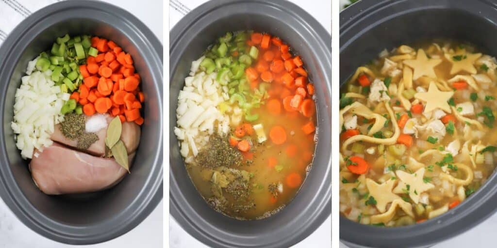 Side by side photos showing a slow cooker with raw chicken, seasoning, and diced veggies, a slow cooker with broth added to it, and a slow cooker with the finished chicken soup.