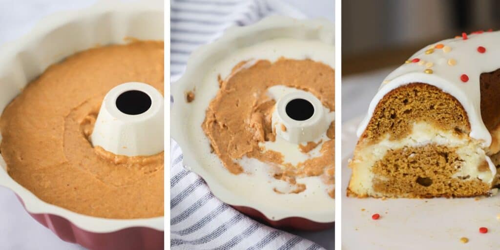 Side by side photos showing a bundt cake pan with batter, the same cake pan with a layer of cream cheese filling added, and the finished cake sliced to show the inside. Pumpkin cakes ideas.