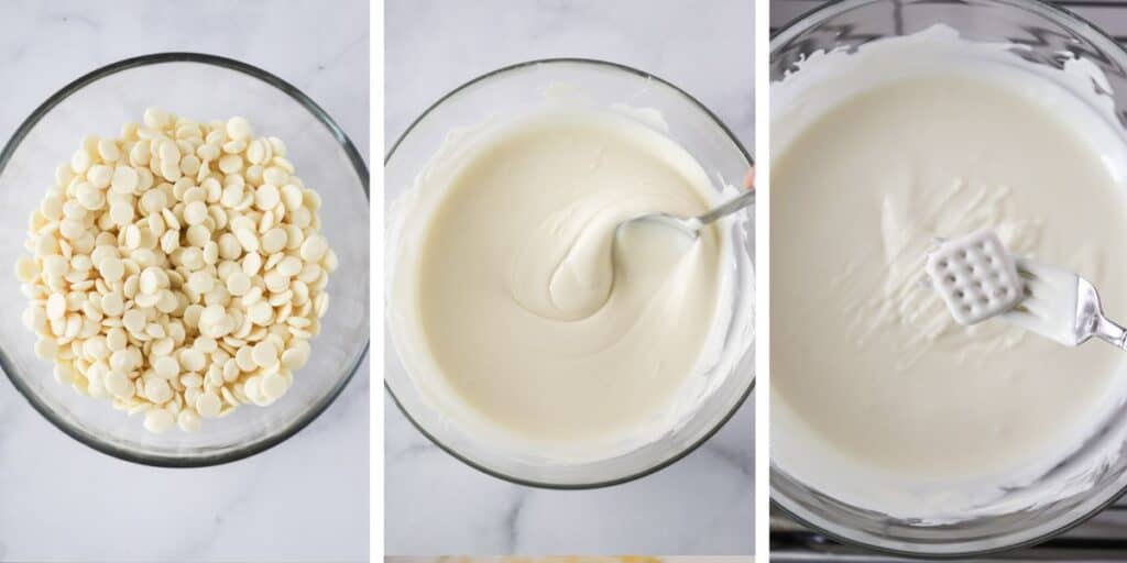 Side by side photos showing the steps for melting white chocolate in a bowl, then dripping pretzels with a fork.