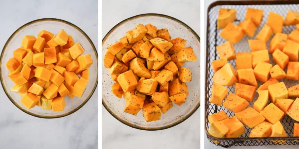 Side by side photos showing a mixing bowl with cubed squash, the same bowl with seasoning added, and finally the cubed squash in an air fryer basket. how to make air fry squash recipe. 