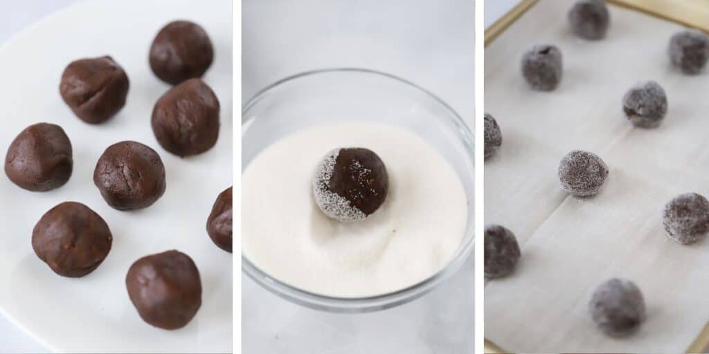 Side by side photos of chocolate cookie dough balls on a plate, being dipped into sugar, and lined up on a baking sheet. 