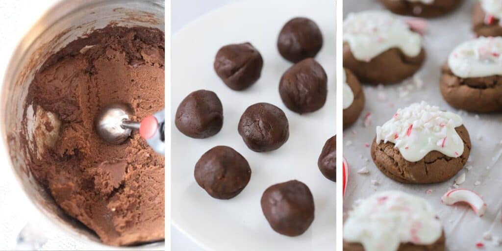 Side by side photos showing how to make chocolate cookie dough, scooped cookie dough balls, and finished cookies topped with melted chocolate and crushed peppermint.