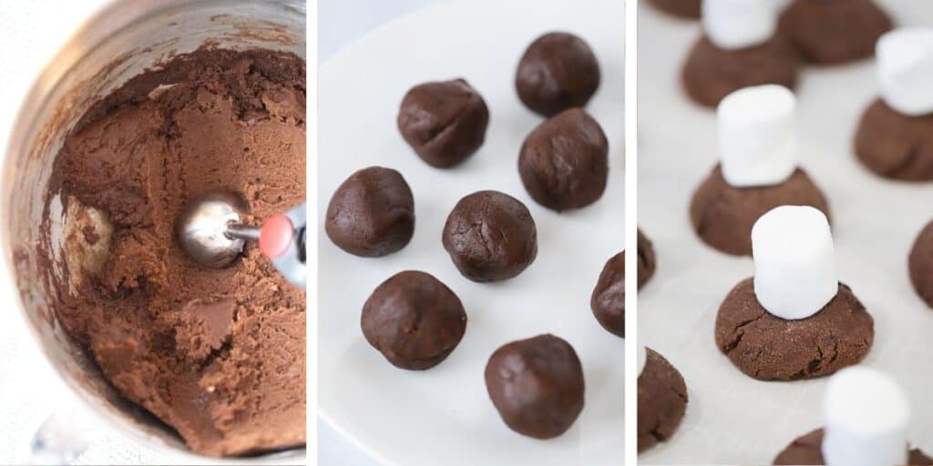 Side by side photos showing a bowl of chocolate cookie dough, scooped cookie dough balls, and half-baked cookies topped with marshmallows.