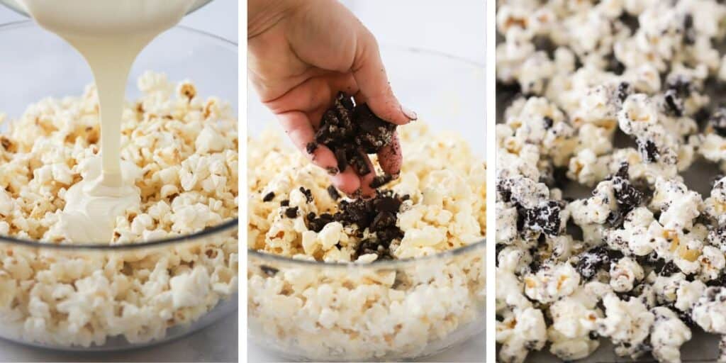 Side by side photos showing a bowl of popcorn with melted white chocolate being poured over and a hand adding crushed Oreos.