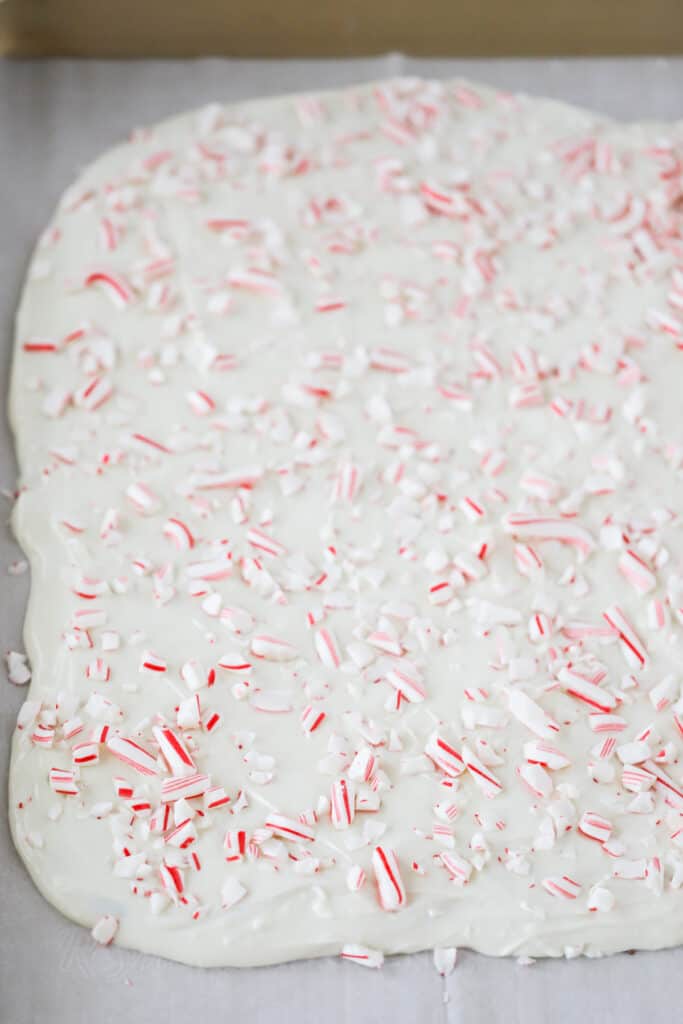 White chocolate peppermint bark topped with crushed candy canes on a baking sheet. white chocolate peppermint bark. 