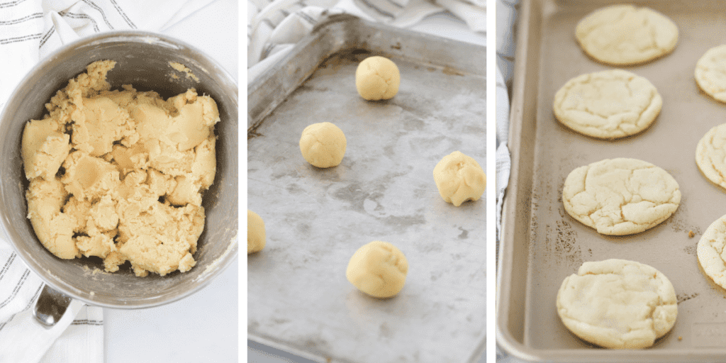 Side by side photos showing a bowl full of cookie dough, scooped cookies on a baking sheet, and baked cookies on a baking sheet.